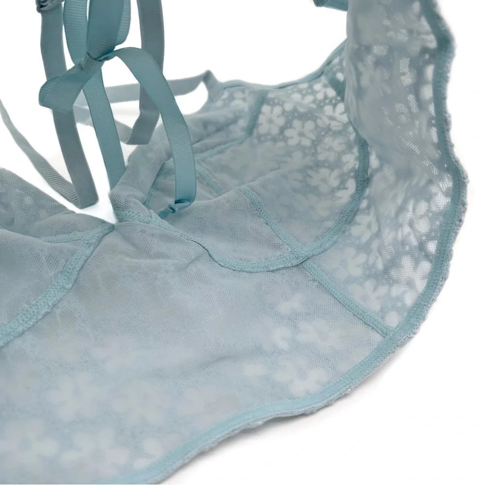 Free People Women's Floral-Embroidery Lace Long Line Bra Light Blue Size Large